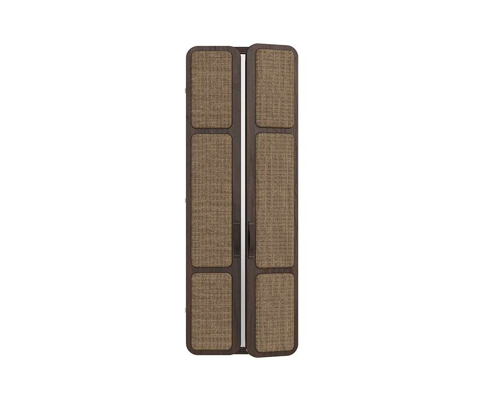 Tom folding mirror with one semi-opened door, showcasing upholstered panels in linen and smoked walnut wood.