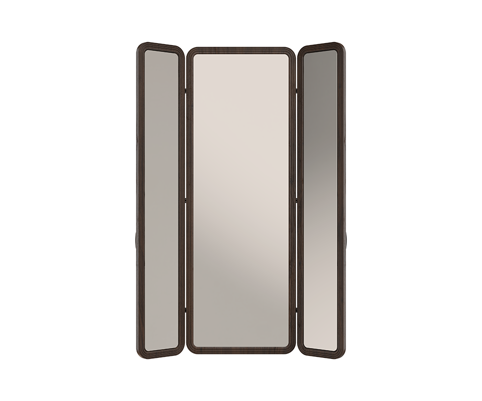 Tom folding mirror with open doors revealing three mirrors, structured in smoked walnut wood.