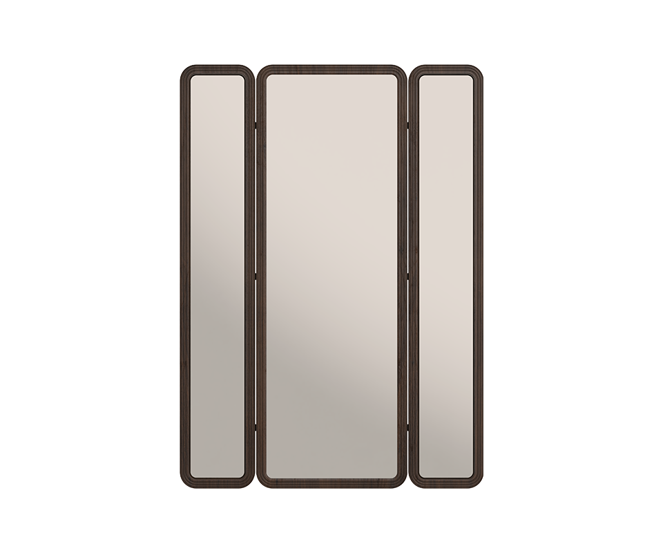Tom folding mirror with completly open doors revealing three mirrors, structured in smoked walnut wood.