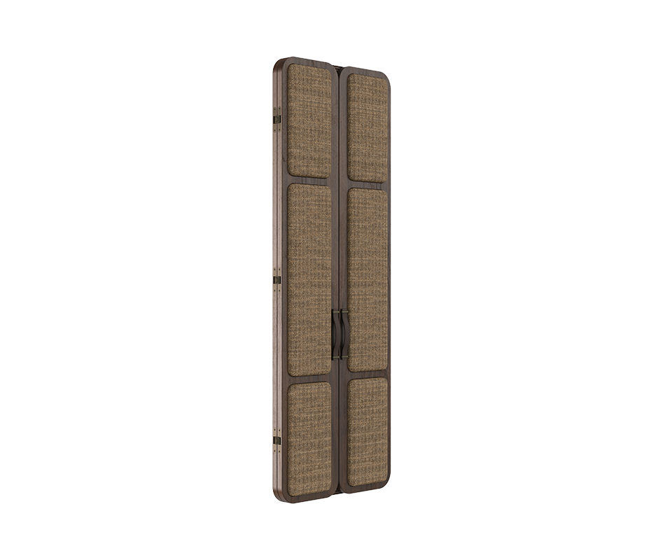 Three-quarter view of the Tom folding mirror, highlighting the interplay of smoked walnut wood and textured linen panels.