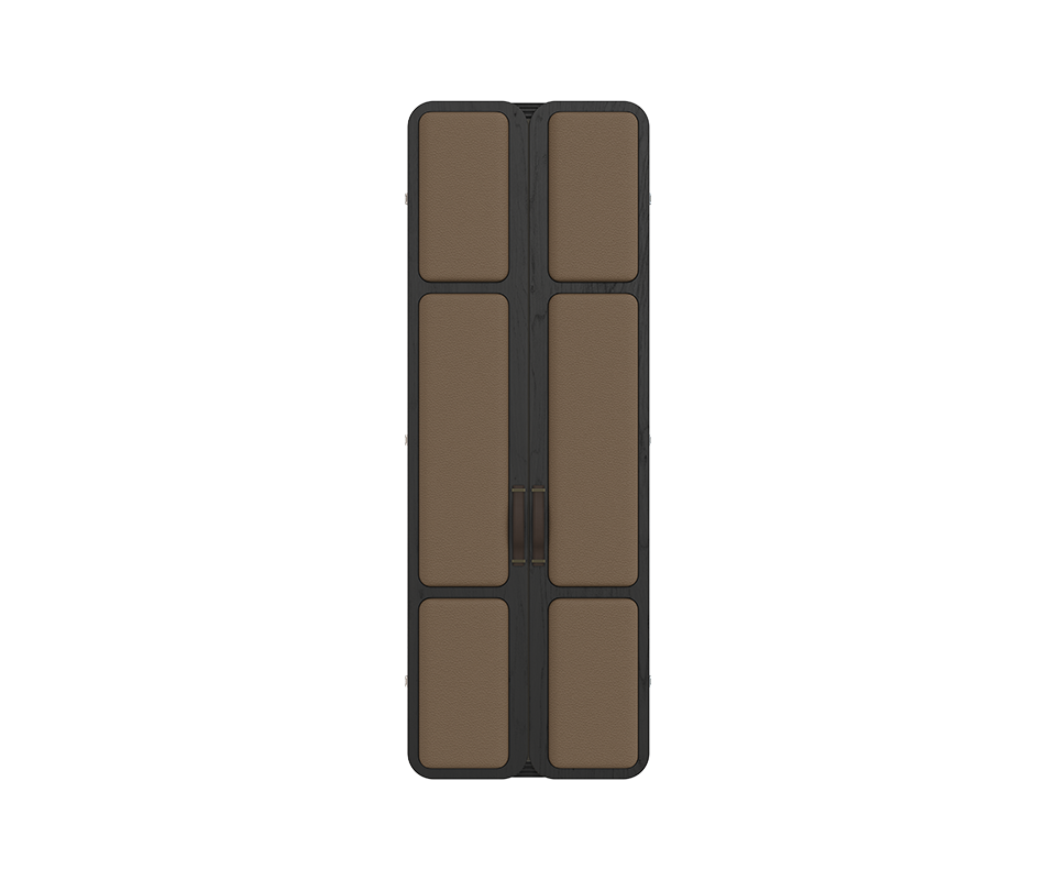 Tom folding mirror with its doors closed, showcasing upholstered panels in leather and black stained ashwood.