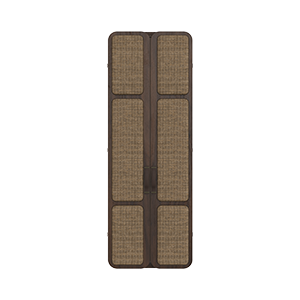 om folding mirror with its doors closed, showcasing upholstered panels in linen and smoked walnut wood.