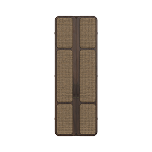 om folding mirror with its doors closed, showcasing upholstered panels in linen and smoked walnut wood.