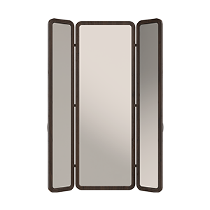 Tom folding mirror with open doors revealing three mirrors, structured in smoked walnut wood.