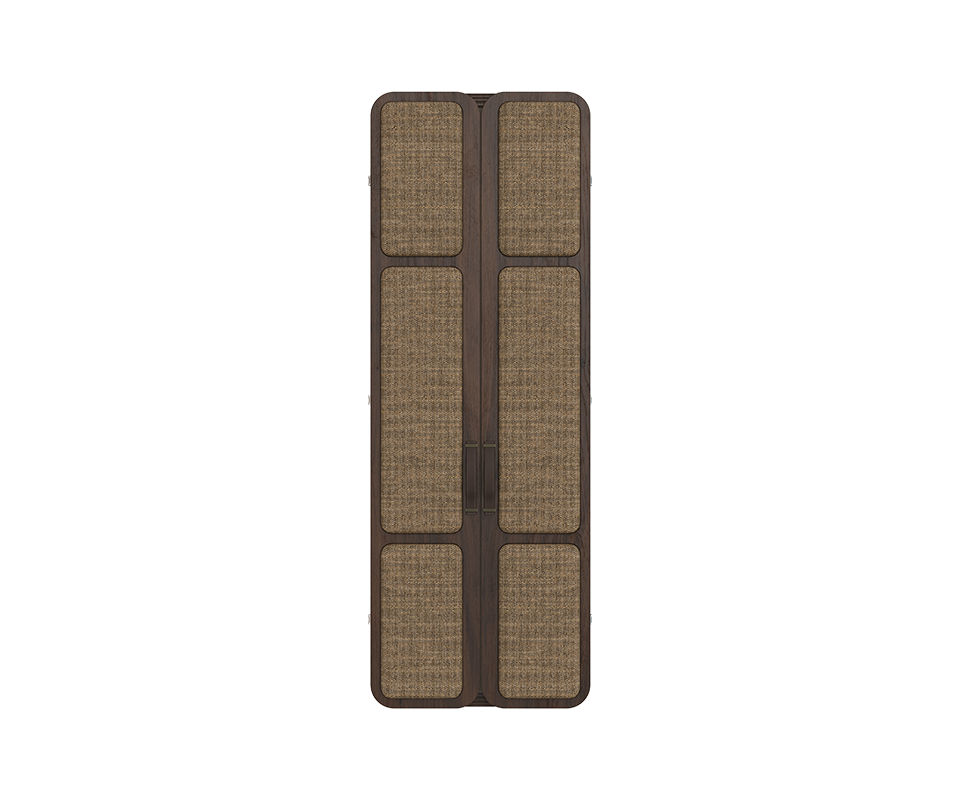 Tom Folding Mirror Tom folding mirror with its doors closed, showcasing upholstered panels in linen and smoked walnut wood.