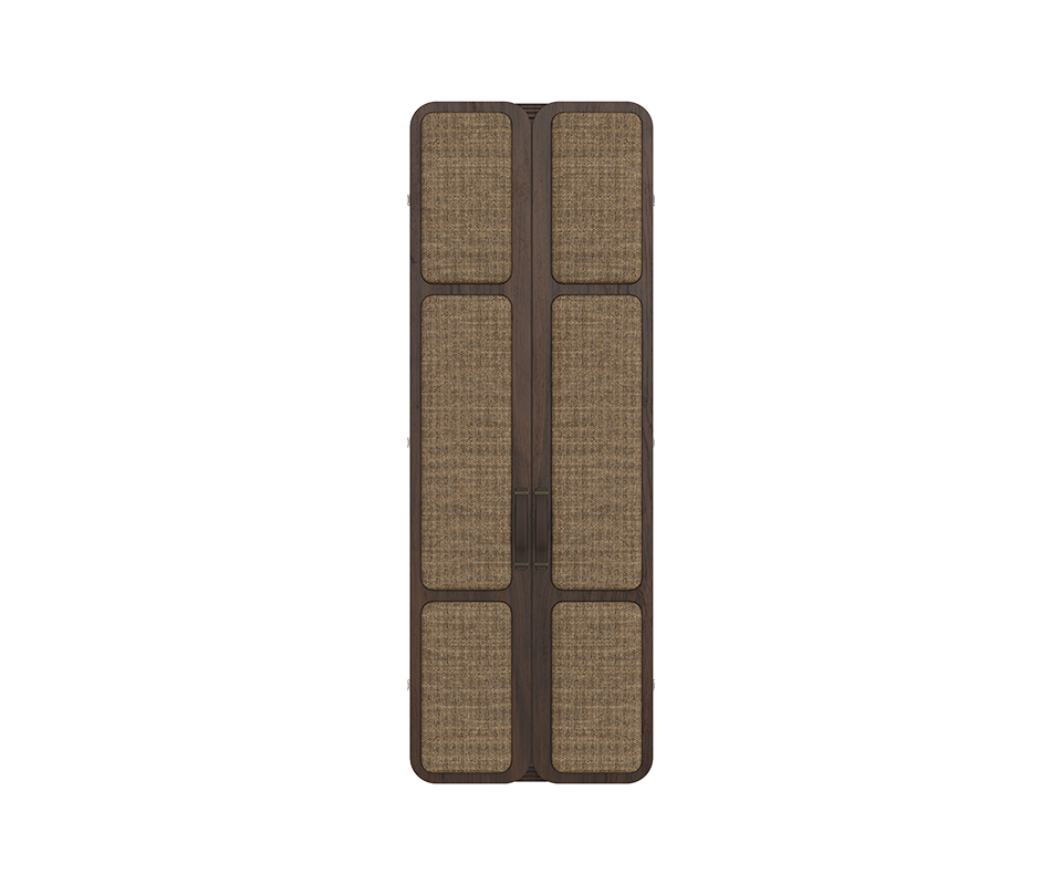 Tom Folding Mirror Tom folding mirror with its doors closed, showcasing upholstered panels in linen and smoked walnut wood.
