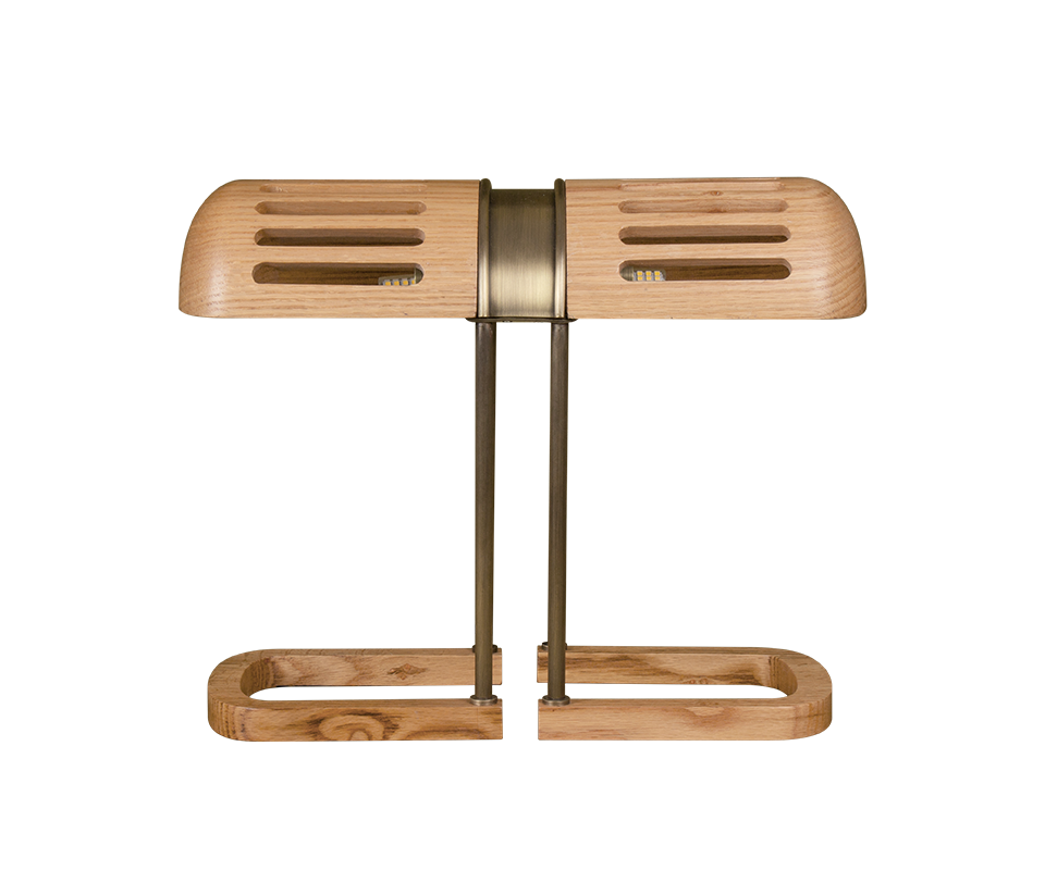 Turing Table Lamp Front view of the Turing Table Lamp in natural oak and aged brushed brass.