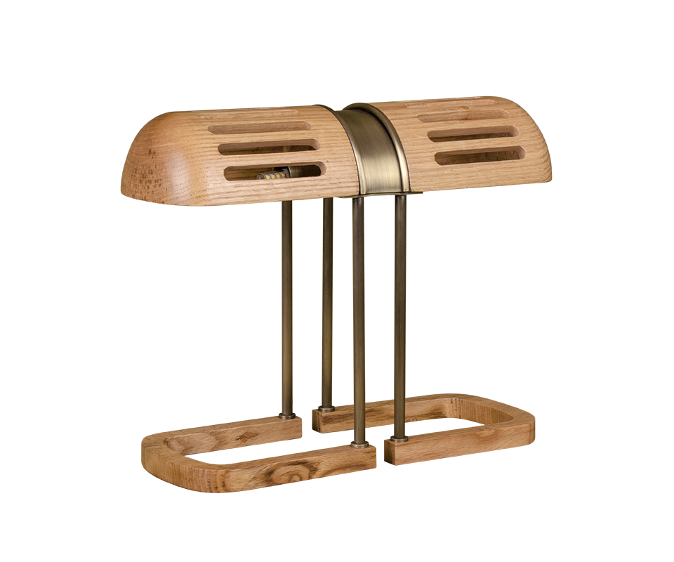 Turing Table Lamp 45-degree view of the Turing Table Lamp in natural oak and aged brushed brass.