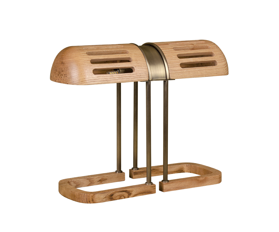 Turing Table Lamp 45-degree view of the Turing Table Lamp in natural oak and aged brushed brass.
