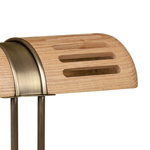 45-degree view of the Turing Table Lamp in natural oak and aged brushed brass.