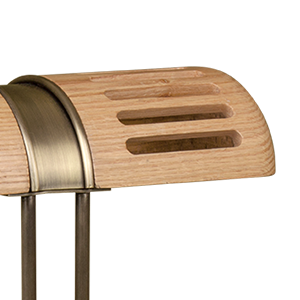 45-degree view of the Turing Table Lamp in natural oak and aged brushed brass.