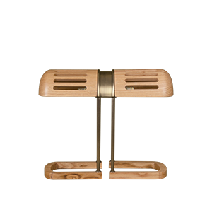 Front view of the Turing Table Lamp in natural oak and aged brushed brass.
