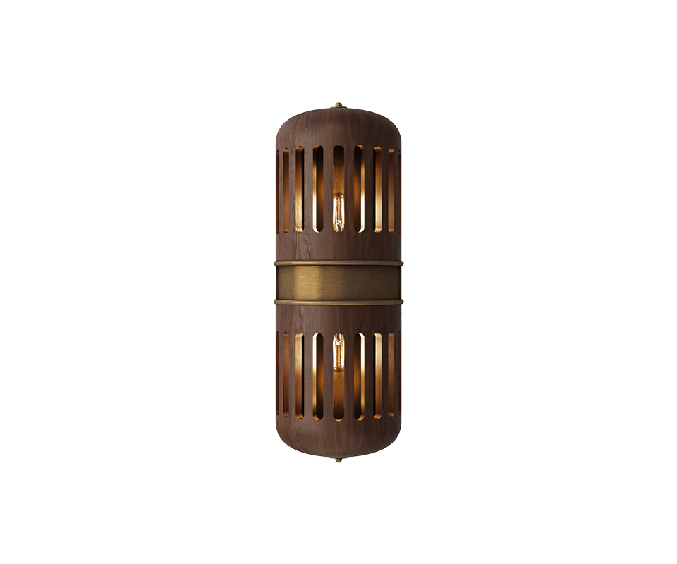 Front view of the Turing wall lamp with the light turned on, meticulously handcrafted in walnut wood with multiple slots and brushed brass details.
