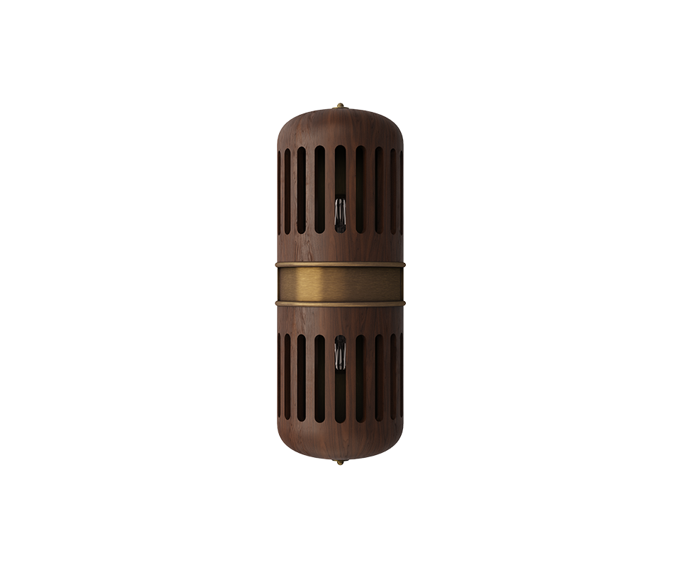 Front view of the Turing wall lamp with the light turned off, meticulously handcrafted in walnut wood with multiple slots and brushed brass details.