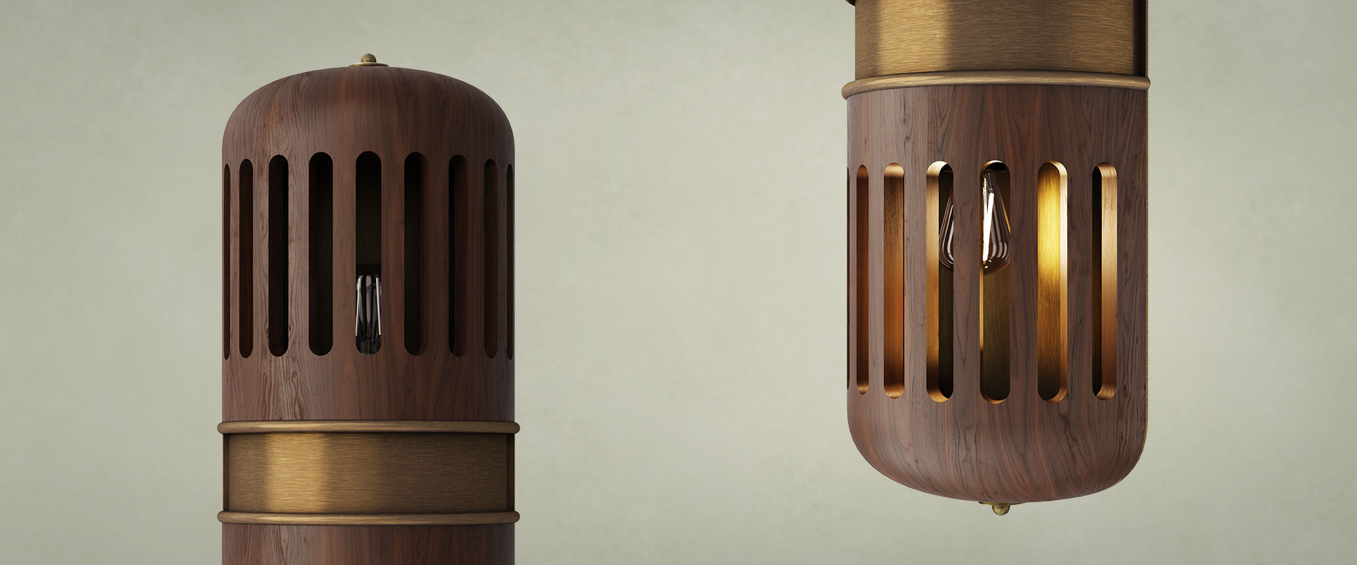 Close-up of the Turing wall lamp, meticulously handcrafted in walnut wood with multiple slots and brushed brass details, shown with one light turned on and the other off, highlighting the rich wood grain and brass textures.