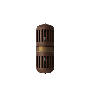 Front view of the Turing wall lamp with the light turned off, meticulously handcrafted in walnut wood with multiple slots and brushed brass details.