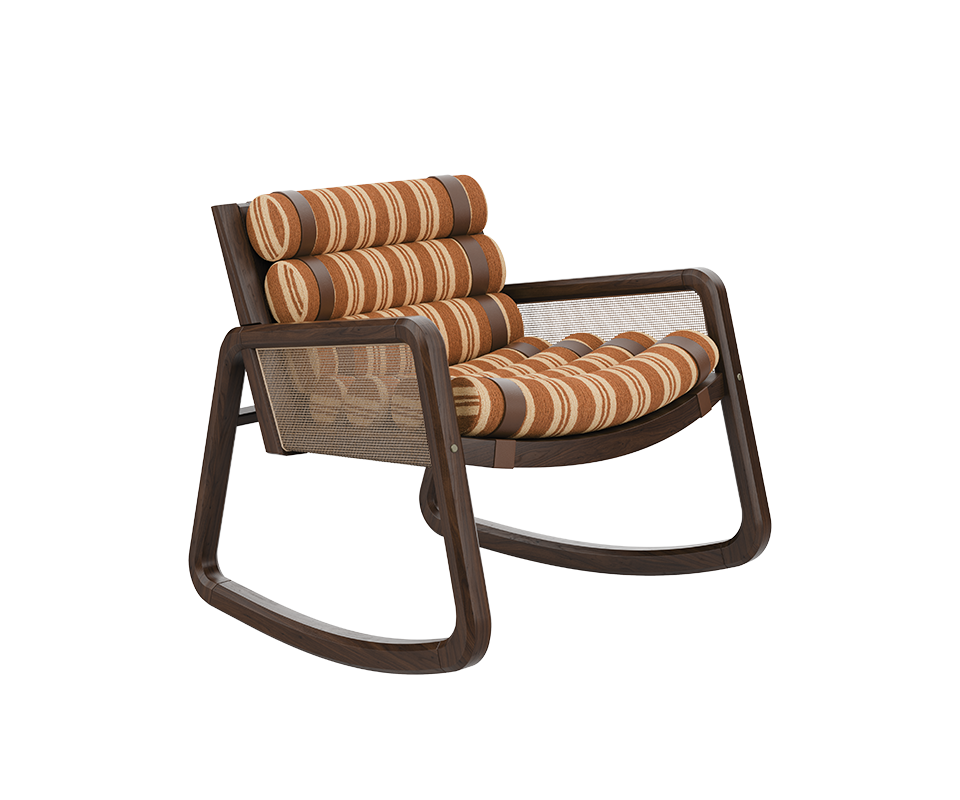 William Rocking Armchair upholstered in striped orange and beige fabric, paired with rattan and walnut wood.
