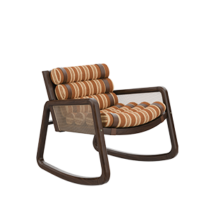 William Rocking Armchair upholstered in striped orange and beige fabric, paired with rattan and walnut wood.