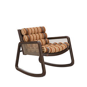 William Rocking Armchair upholstered in striped orange and beige fabric, paired with rattan and walnut wood.