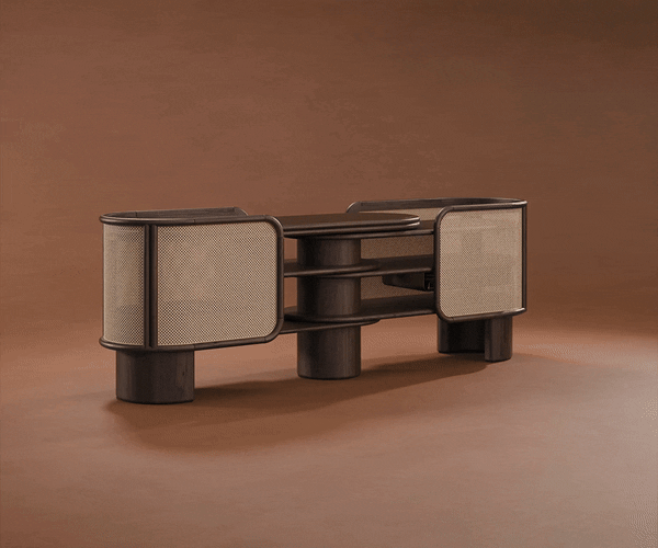 Wodehouse sideboard structured in smoked walnut wood with natural rattan and aged brushed brass, showcasing that is tis a versatile sideboard changing positions