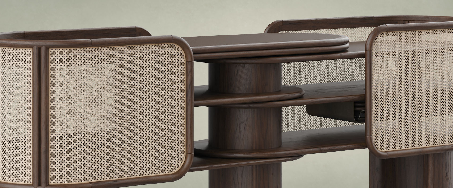 Wodehouse Sideboard Wodehouse sideboard close-up highlighting the natural rattan and smoked walnut wood.