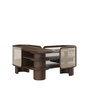 Wodehouse sideboard structured in smoked walnut wood with natural rattan and aged brushed brass, showcasing its ability to be positioned at a 90-degree angle by moving the ends.