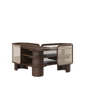 Wodehouse sideboard structured in smoked walnut wood with natural rattan and aged brushed brass, showcasing its ability to be positioned at a 90-degree angle by moving the ends.