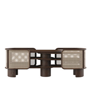 Wodehouse sideboard structured in smoked walnut wood with natural rattan and aged brushed brass, shown in a front-facing position.