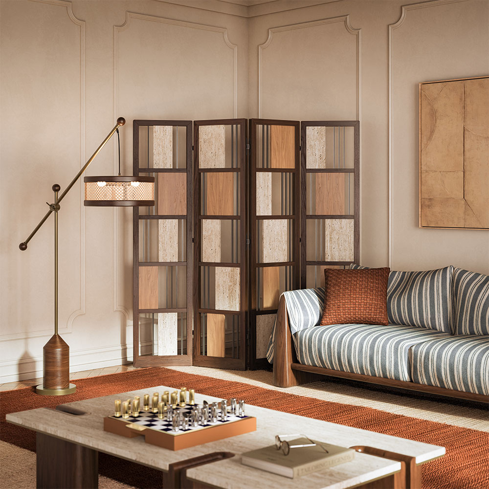 Wooden Folding Screen Redefines Interior Design wooden folding screen Living room interior featuring the Wordsworth folding screen in smoked walnut wood, travertine, and brass; Hamilton floor lamp in smoked walnut and brass; Dudley sofa in striped fabric; and Grenville center table. The space showcases warm tones throughout.