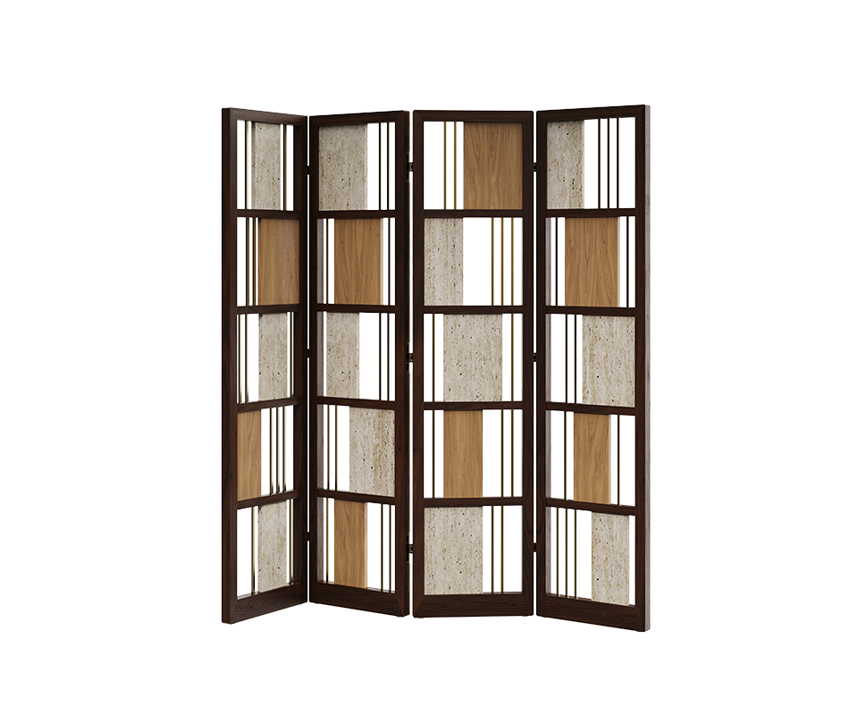 Wordsworth Folding Screen Front view of the fully open Wordsworth folding screen in smoked walnut wood, natural oak, travertine, and brass.