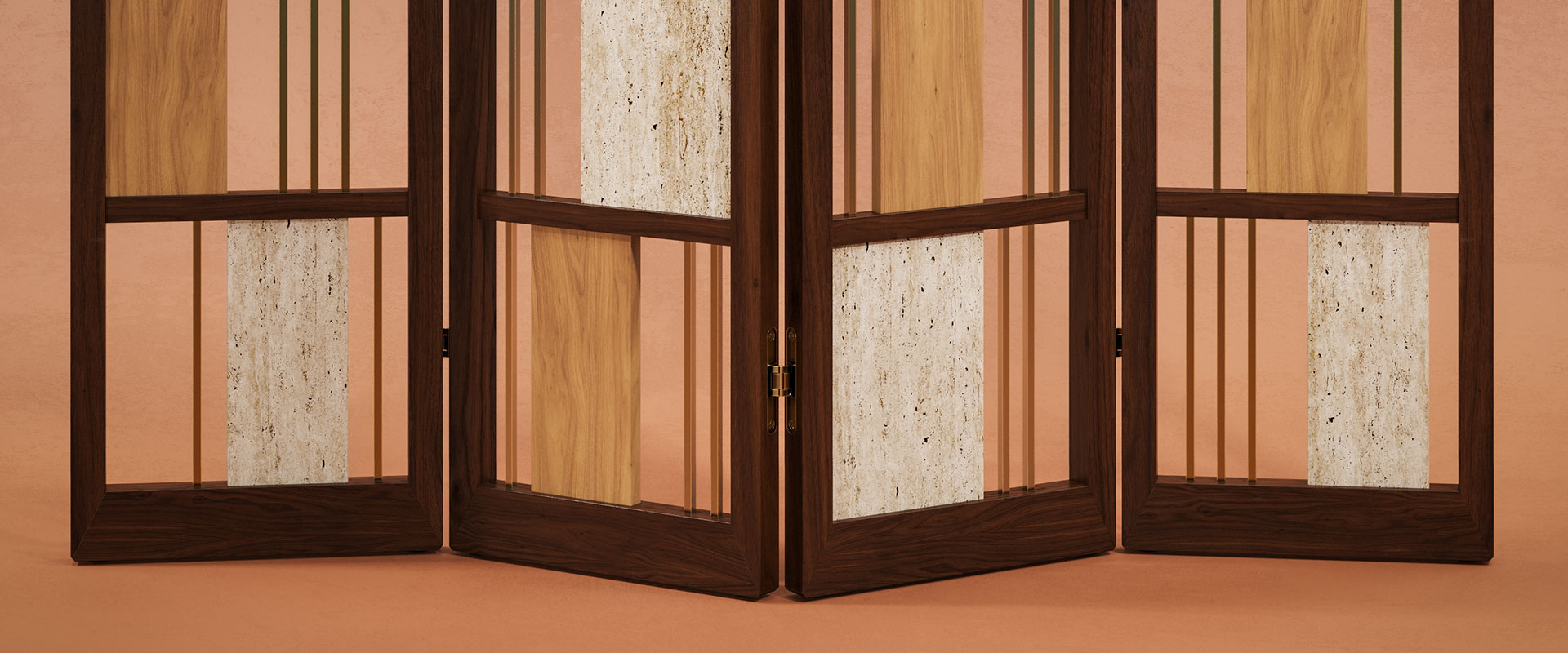 Wordsworth Folding Screen Wordsworth folding screen detail in smoked walnut wood, natural oak, travertine, and brass.