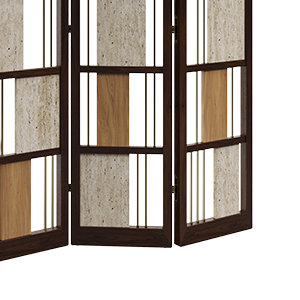 Wordsworth folding screen detail in smoked walnut wood, natural oak, travertine, and brass.