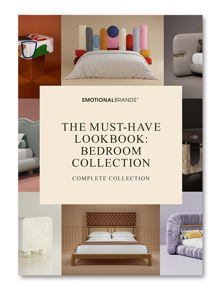 A promotional ebook cover titled "THE MUST-HAVE LOOKBOOK: BEDROOM COLLECTION" by EMOTIONAL BRANDS. The central text is set against a cream square background, surrounded by a grid of eight vibrant, high-end furniture photography snippets.