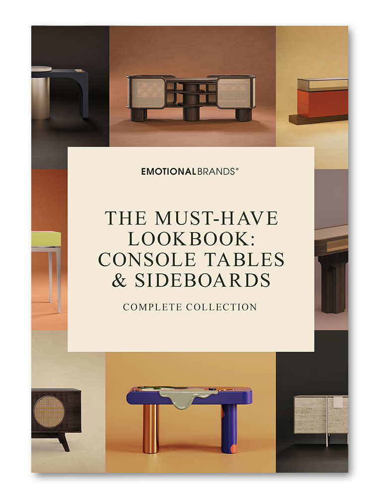 A promotional ebook cover titled "THE MUST-HAVE LOOKBOOK: CONSOLE TABLES & SIDEBOARDS" by Emotional Brands. The design features a central cream-colored square with elegant serif typography, surrounded by a grid of eight high-end, artistic furniture pieces.